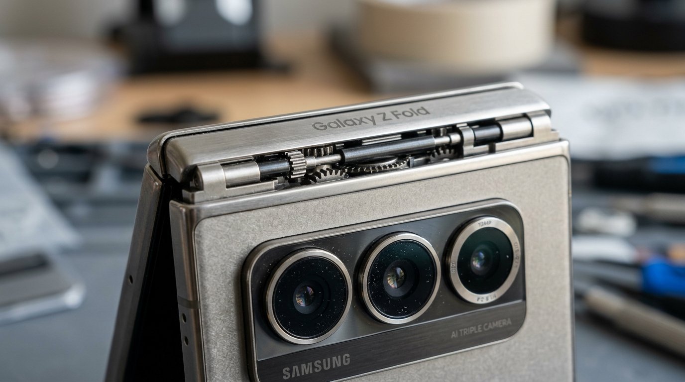 Figure 1: Macro photograph detailing the zero-gap Flex Hinge 2.0 titanium housing and triple-camera array on the Samsung Galaxy Z Fold 8 Ultra.